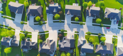Houses on a residential street viewed from above.