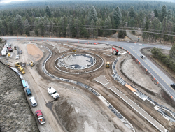 Construction progress on S Century Dr and Huntington Rd roundabout