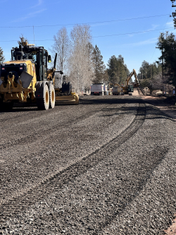 Crews placing aggregate base on Tumalo Reservoir Rd, March 2026