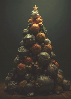 Make Merry Not Trashy Tree made of garbage bags